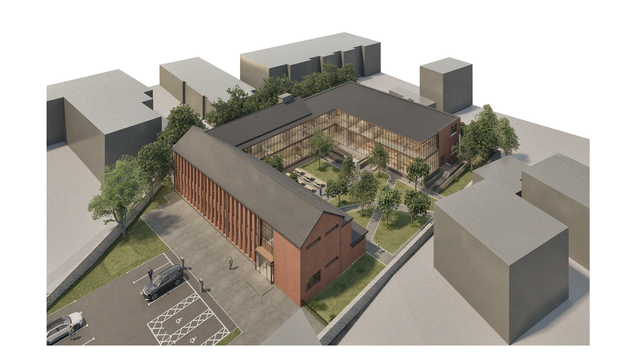 Red brick building aerial visualisation